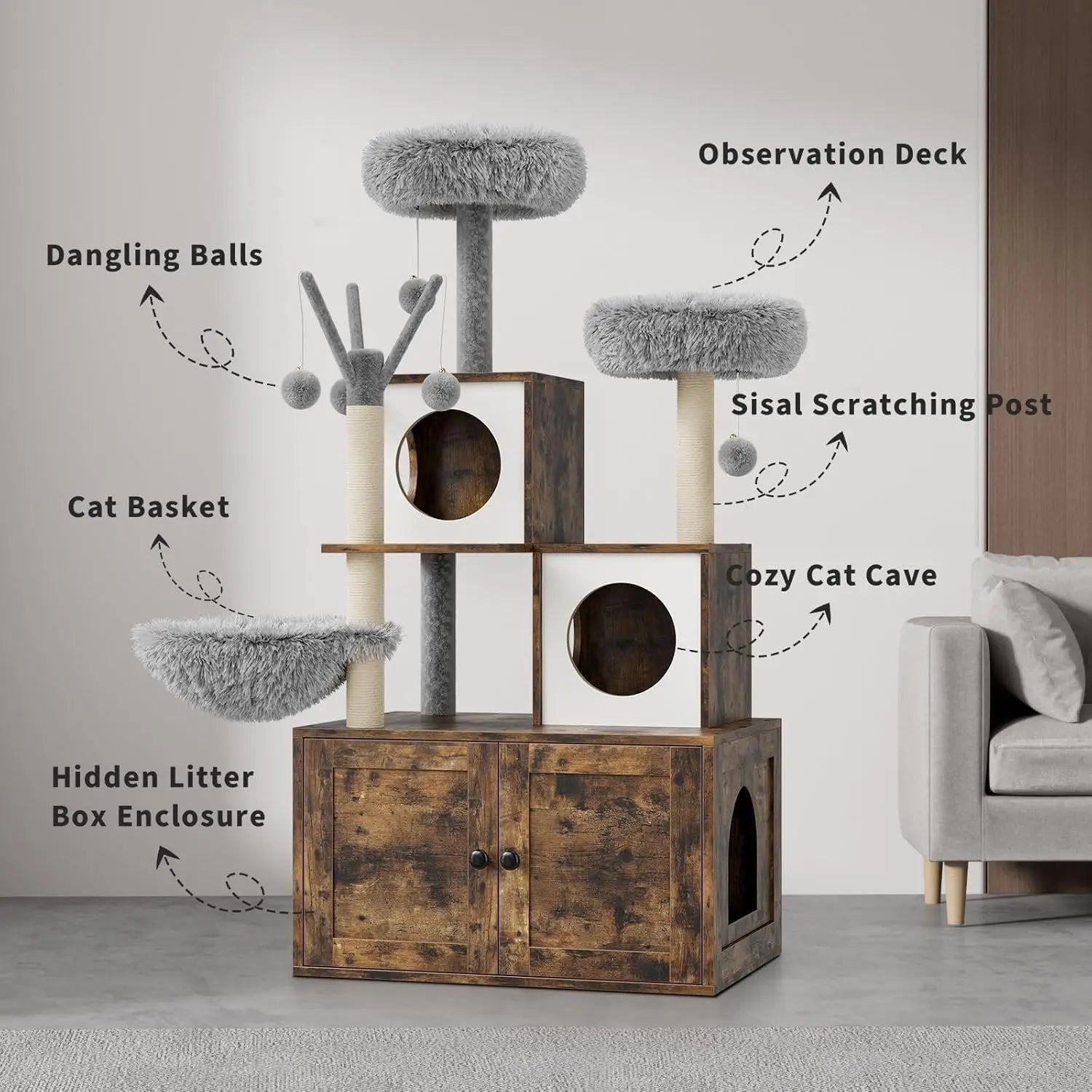 Litter Box Enclosure with Cat Tree Tower Condo for Climbing, Wooden Furniture