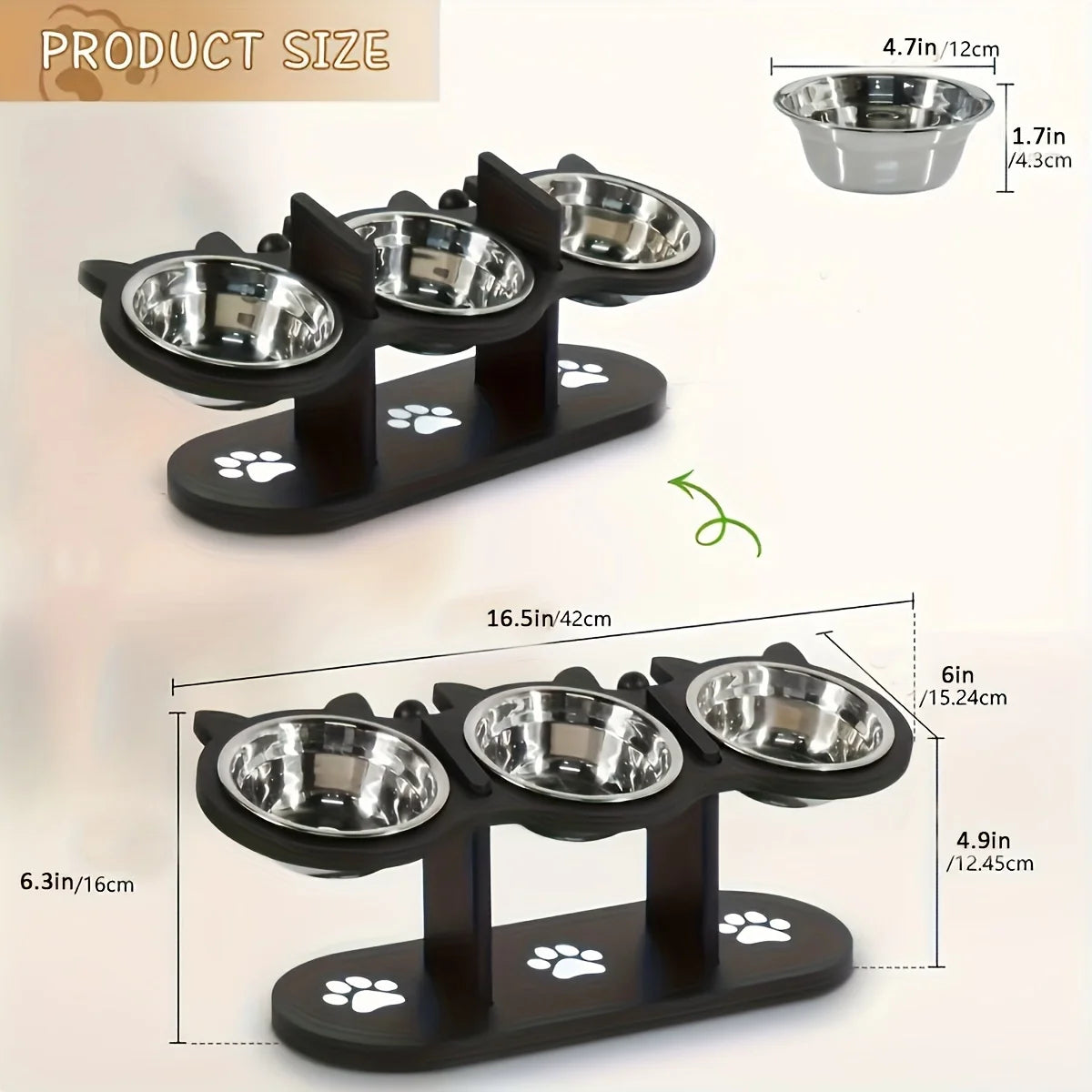 3 Bowls in 1 Cat Feeder, Feeding & Watering Bowl 15-Degree Tilt, Raised Stainless Steel Bowls Wood Brackets