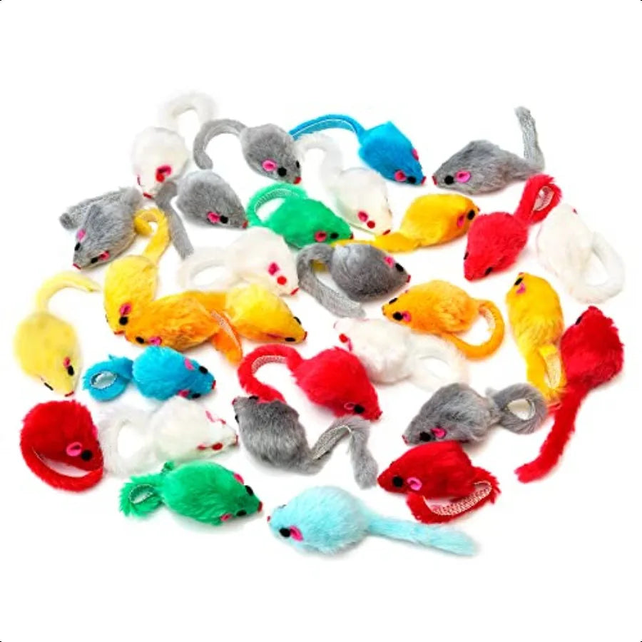 60PCS 4.1'' Furry Cat Toy Mice Rattle Small Mouse Interactive Play Assorted Color
