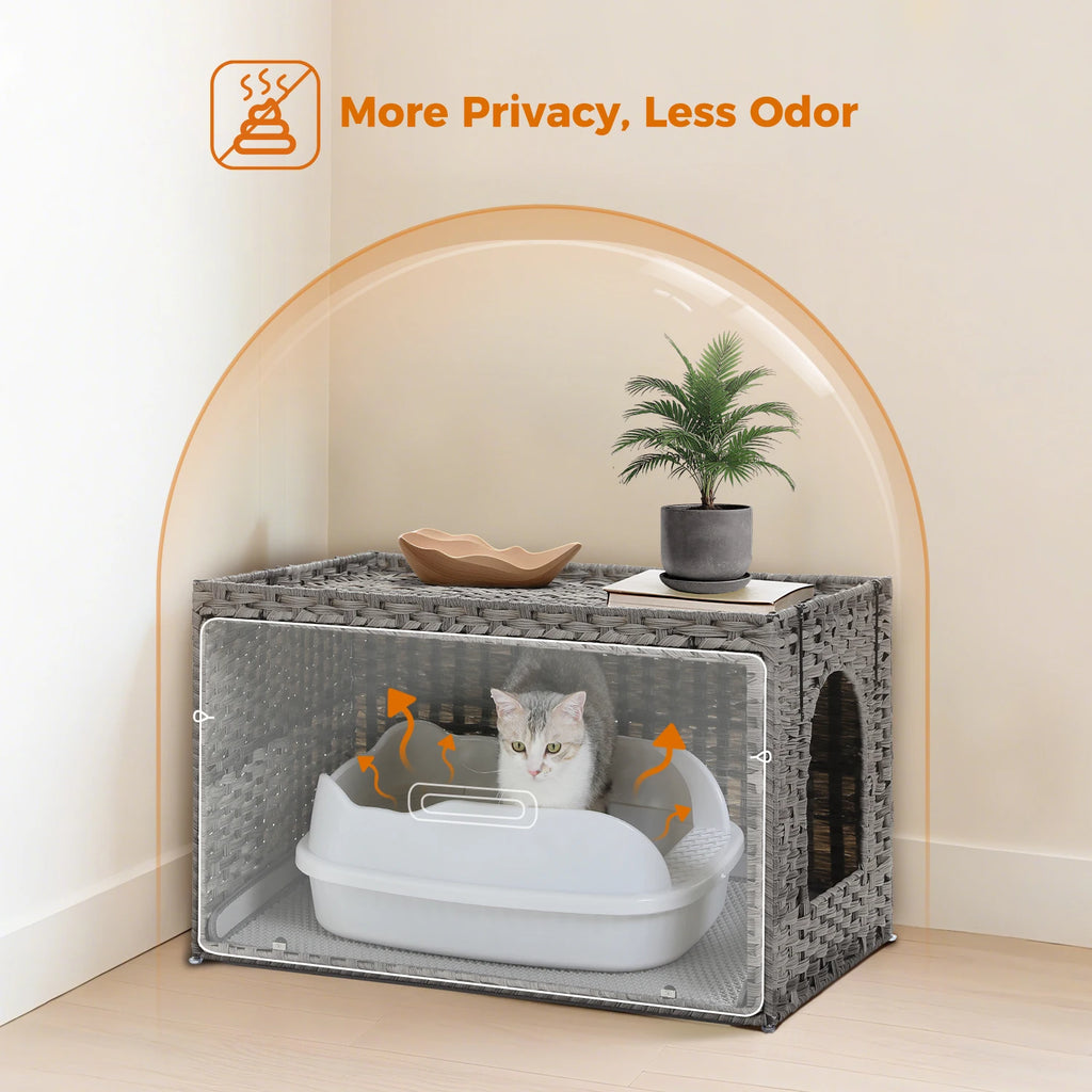 Rattan Cat Litter Box Enclosure Furniture with Door, Handwoven Hidden Litter Box, Odor Control, Cat House Bed