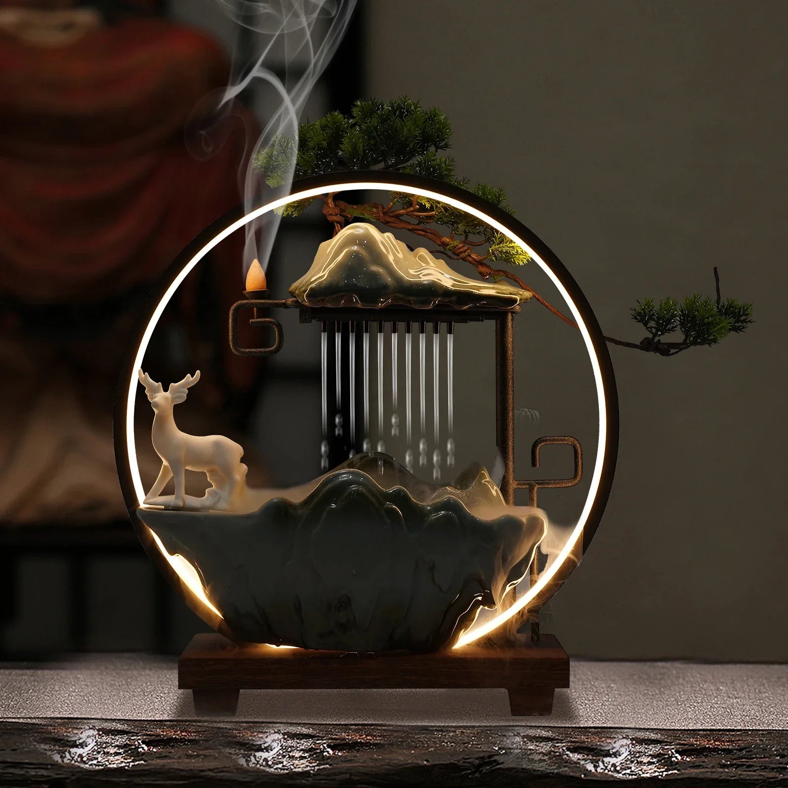 Tabletop Fountain with LED Light & Mist, Ceramic Waterfall with Deer, Vivid Plants & Animals