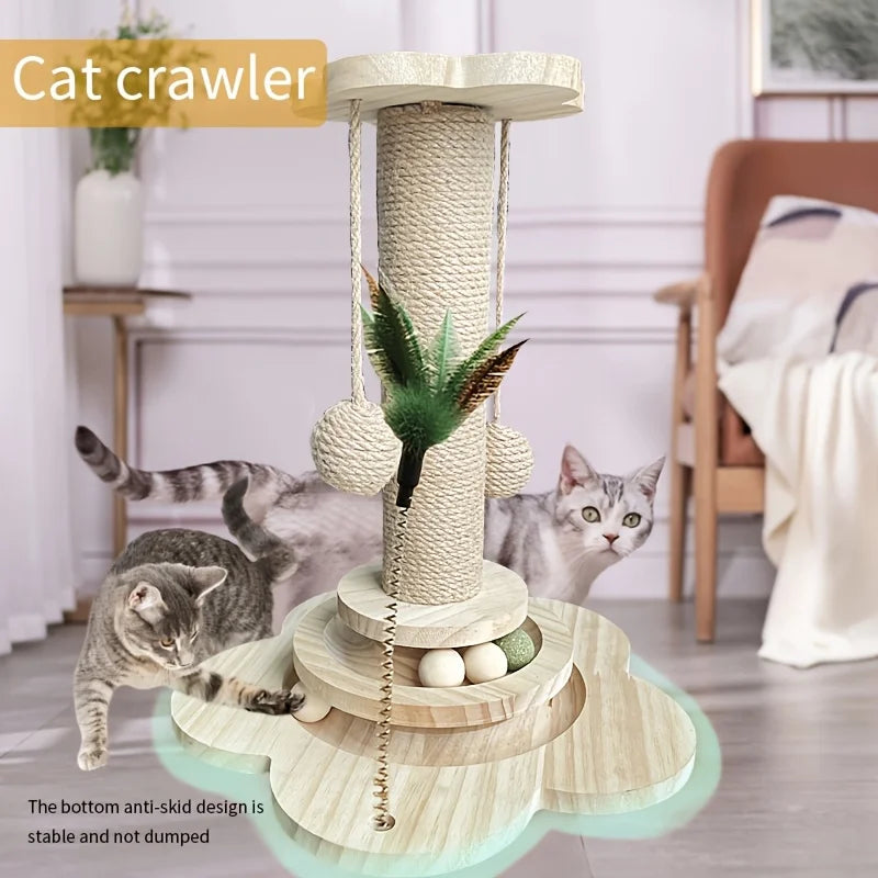 Sisal Cat Scratching Post 2-Layer Ball Track Toy with Teasing Wand and Hanging Toy Ball