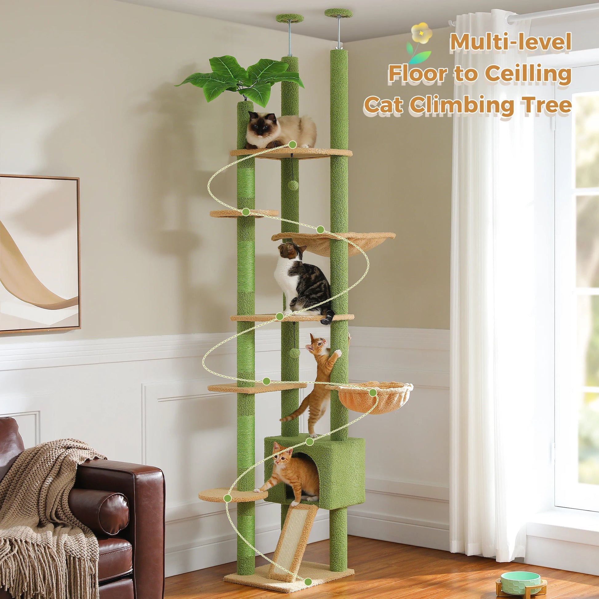 Cactus Cat Tree Floor to Ceiling Tower Adjustable Height with Cozy Condo, Hammock and Scratching Post