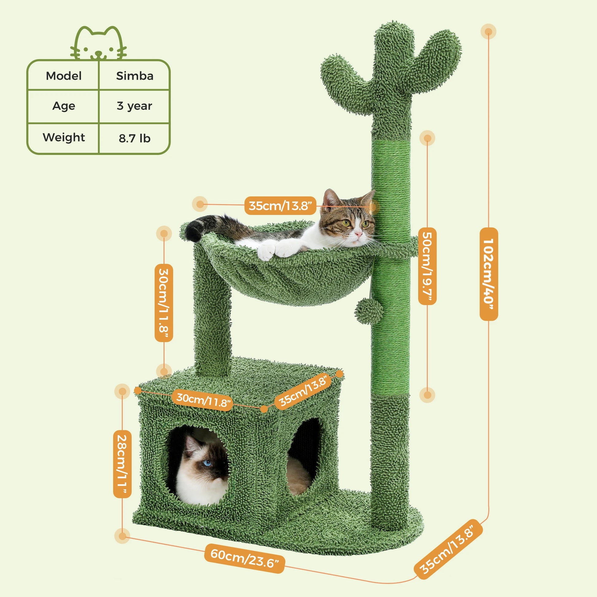 Cactus Cat Tree with Condo, Hammock, Dangling Ball Cat Toy, Cat Scratching Post for Indoor