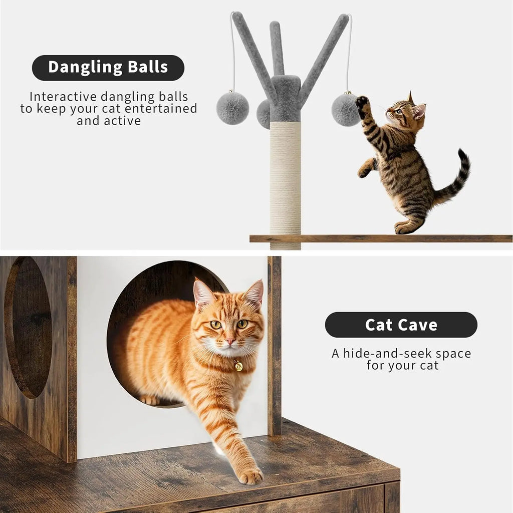 Litter Box Enclosure with Cat Tree Tower Condo for Climbing, Wooden Furniture