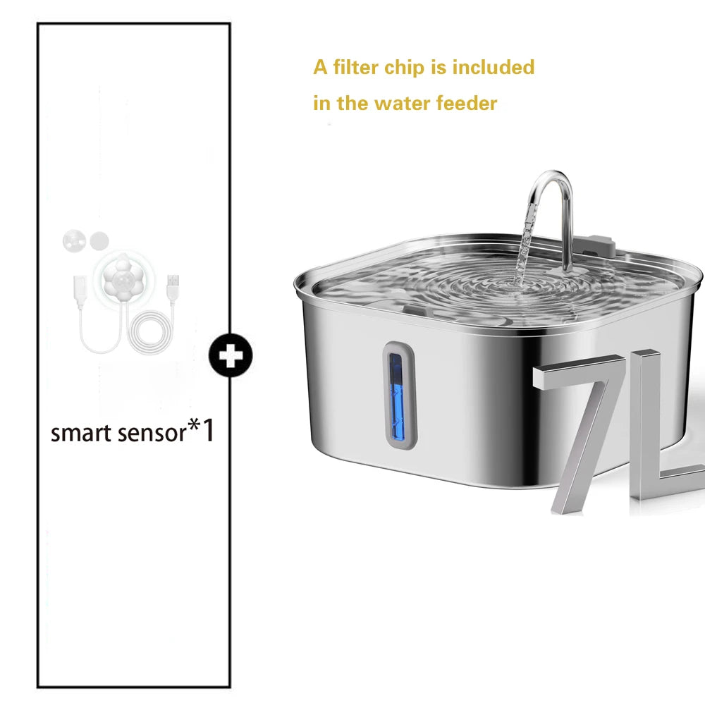 7L Large Capacity Stainless Steel Automatic Drink Water Fountain Feeder Bowl Silent (No 5V 1A Plug)
