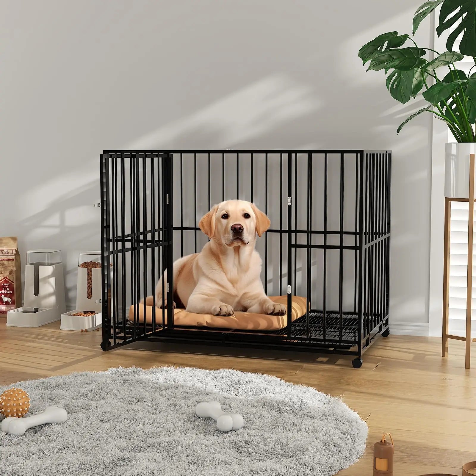 36/42/48 Inch Heavy Duty Stainless Steel Dog Crate Escape Proof, Indestructible With Wheels & Removable Tray