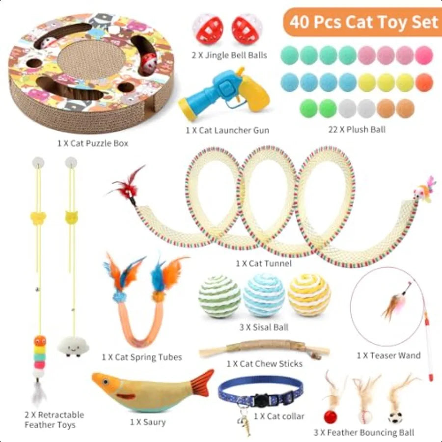 40 Pieces Cat Toys with Interactive Cat Tunnel Scratcher, Feather Wand, Plush Ball Toy, Cat Collar. Catnip Toy