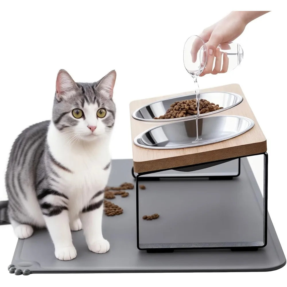 Upgraded Elevated Cat Bowls with Food Mat,15°Tilted Stand Anti Vomiting Raised Dishes for Food and Water,2 Stainless Steel B