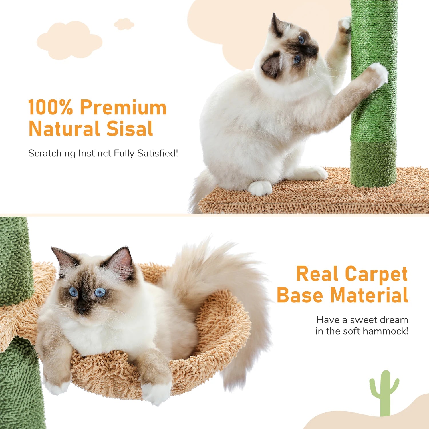 Cat Tree 5-Tier Floor to Ceiling Tower Cactus with Scratching Post, Hammock, Dangling Ball for Indoor