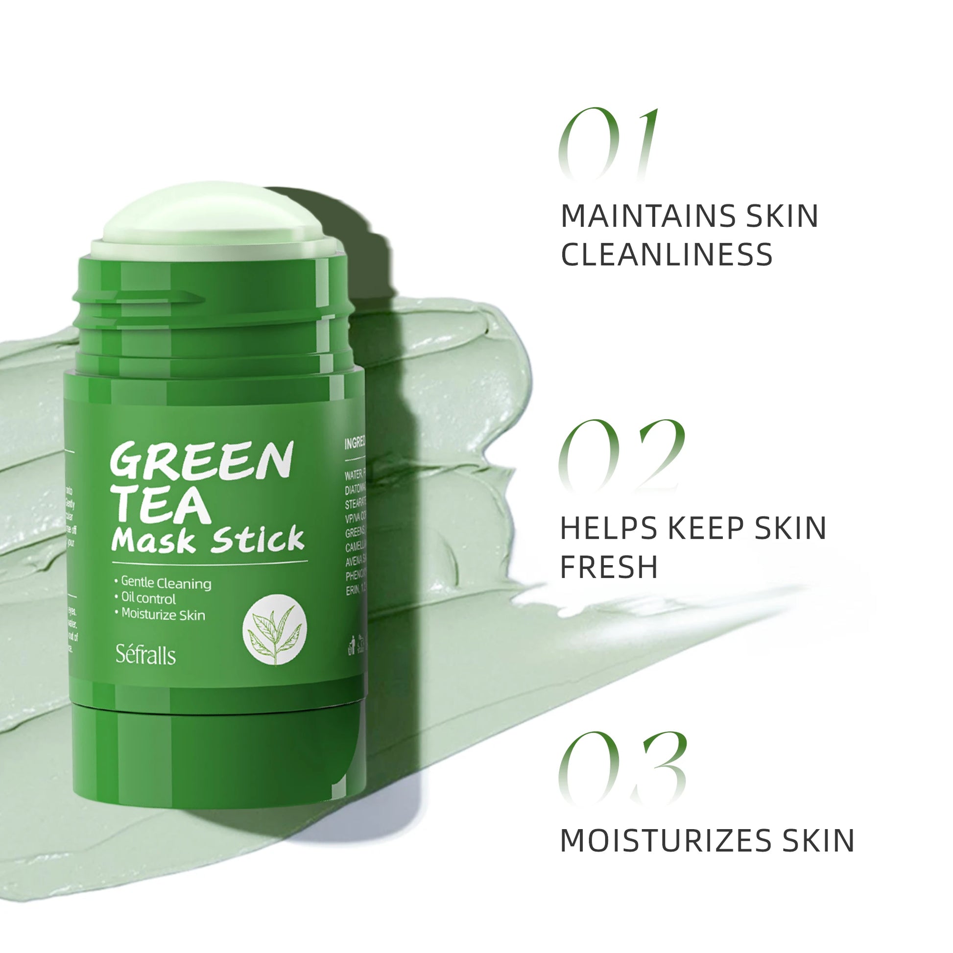 Séfralls Green Tea Solid Mask 40g cleanses pores, removes blackheads, moisturizes lightly