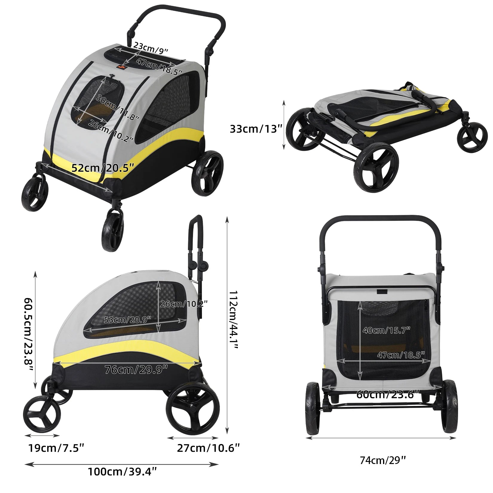 Premium Dog Stroller Pram 4 Wheel Foldable Cart, Travel, Walk, Pet Jogger Wagon for Small Medium Large Dogs