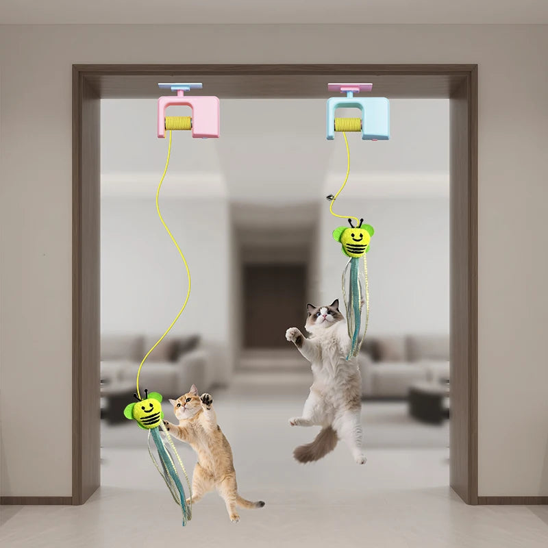 Interactive Hanging Cat Retractable String, Rechargeable Toy with 3 Flying Feathers