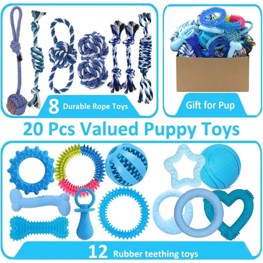 20 Pack Puppy Chew Toys for Small Breeds Blue Teething Rings and Ropes Interactive with Durable Chew