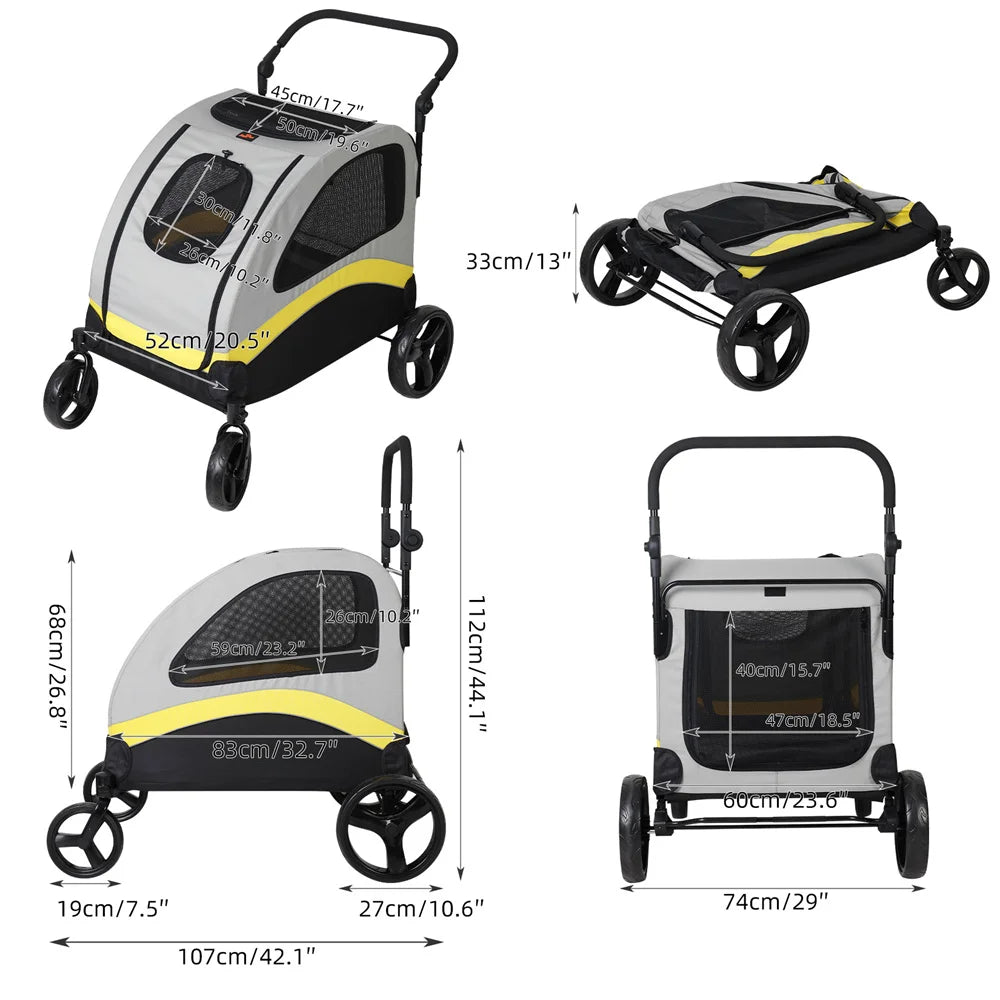 Premium Dog Stroller Pram 4 Wheel Foldable Cart, Travel, Walk, Pet Jogger Wagon for Small Medium Large Dogs