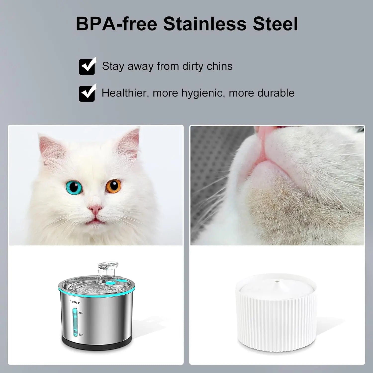 NPET Cat Water Fountain Stainless Steel, 50oz/1.5L Dishwasher Safe with Visible Window Light