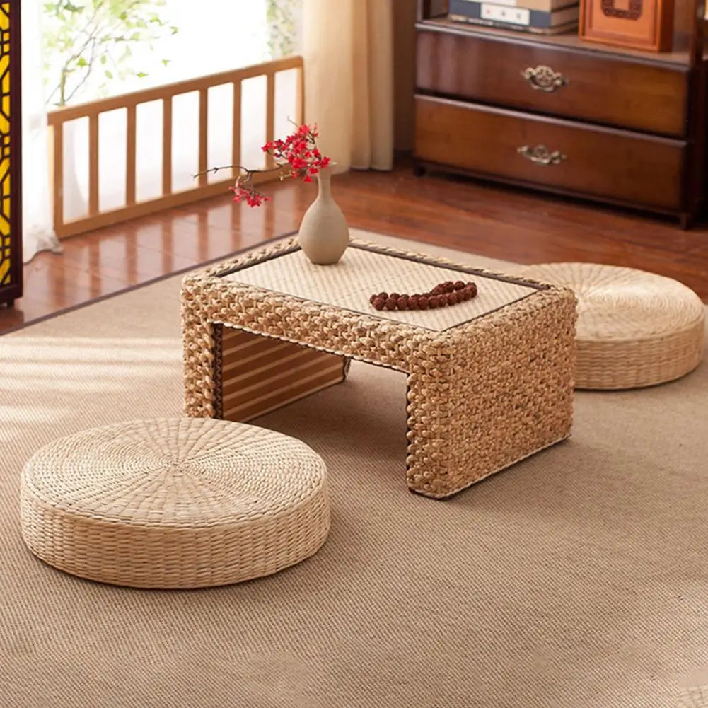 Tatami Cushion Round Straw Handmade Pillow for Floor, Meditation Woven Pillow