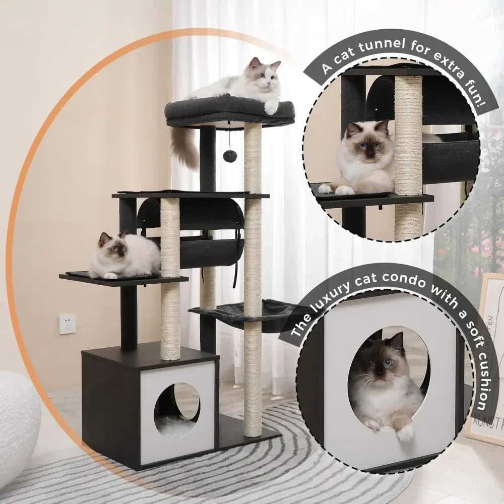 Modern Cat Tree Wooden with Fully Sisal Covered Scratching Posts, Cozy Condo, Spacious Perch