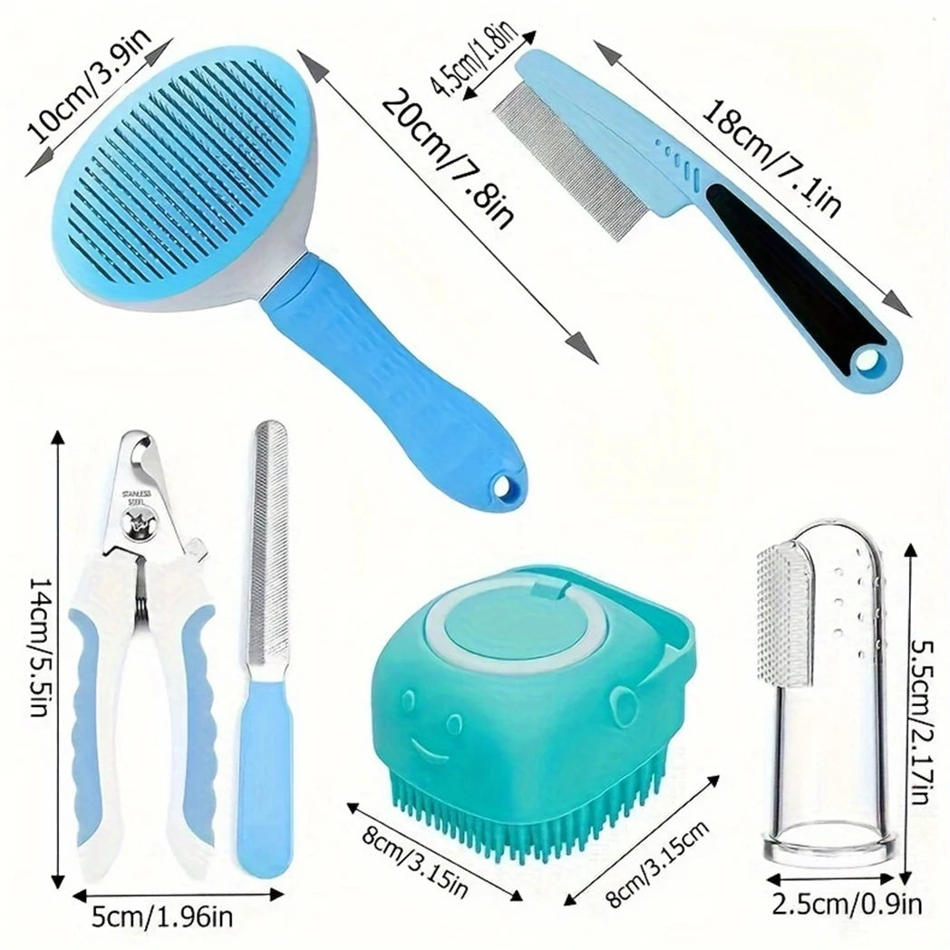 7 Pack Pet Grooming Set, Hair Removal Comb, Flea Comb, Shampoo Brush, Pet Nail Clippers, Toothbrush Set