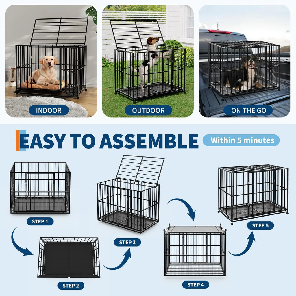 36/42/48 Inch Heavy Duty Stainless Steel Dog Crate Escape Proof, Indestructible With Wheels & Removable Tray