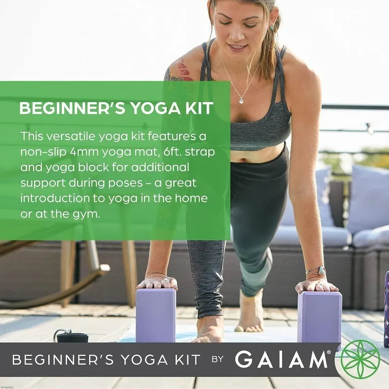 Gaiam Beginner's Yoga Starter Kit (Yoga Mat, Yoga Block, Yoga Strap) - Light 4mm Thick Printed Non-Slip
