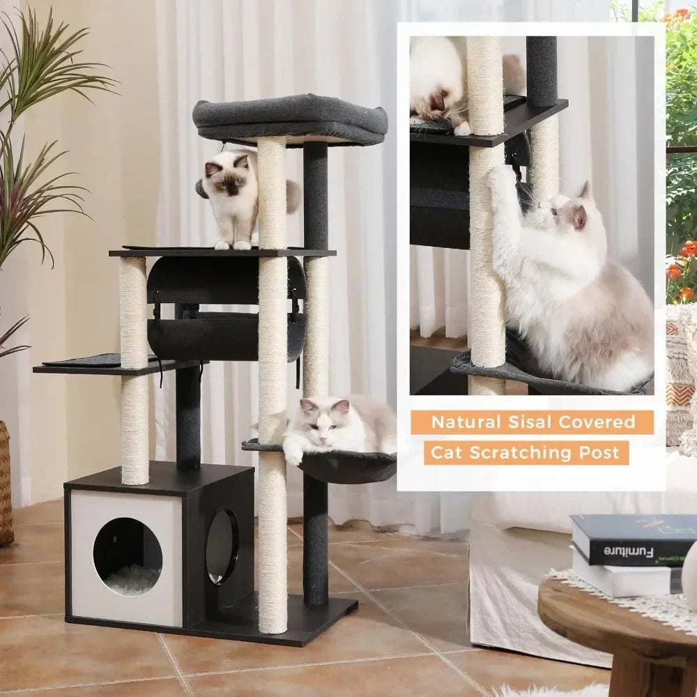 Modern Cat Tree Wooden with Fully Sisal Covered Scratching Posts, Cozy Condo, Spacious Perch