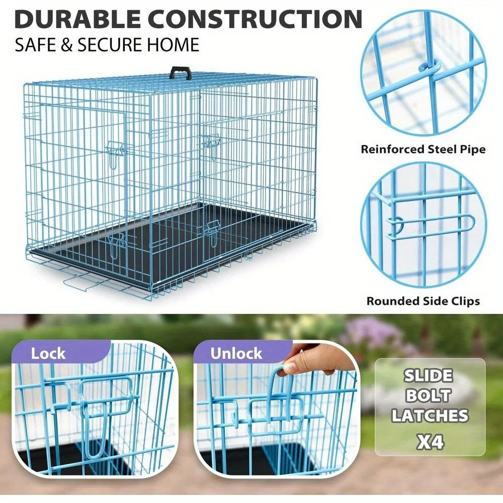 Folding wire kennel for large dog with double doors, rounded corners crate for safety