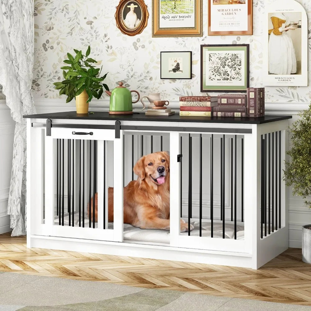 Extra Large Dog Crate Furniture, 55" Indoor Heavy Duty House with Sliding Doors, Furniture Style, Table Side