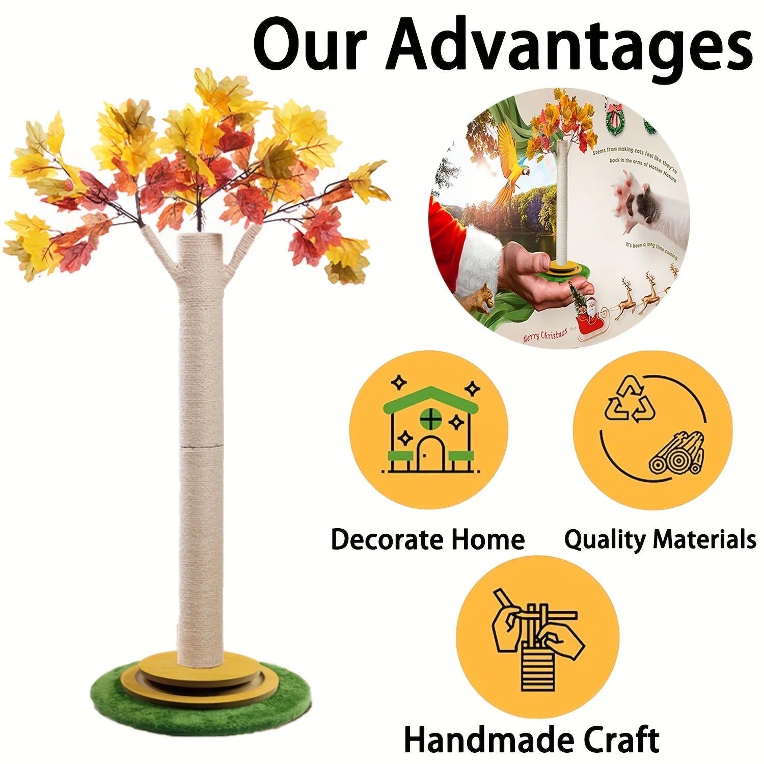 Maple Leaf Cat Scratching Post with Wooden Turntable Base Features Cat Toy Interactive Wooden Ball