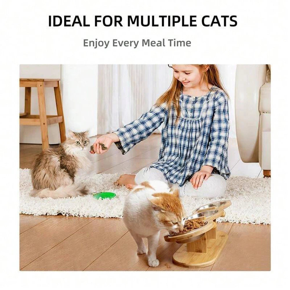 3 Bowls in 1 Cat Feeder, Feeding & Watering Bowl, 15-Degree Tilt, Raised Stainless Steel Bowls, Wood Brackets