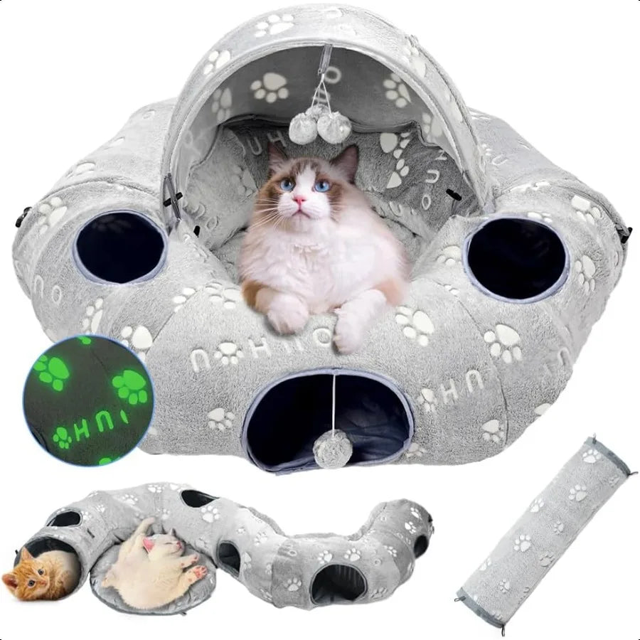 Cat Tunnel Bed, Donut Tunnel Toy with Washable Circle Cushion and 4 Fluffy Balls