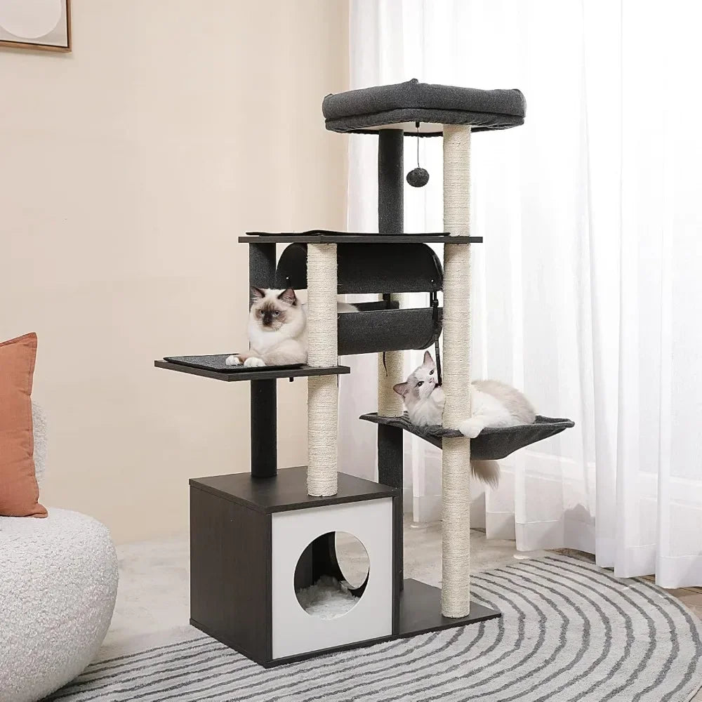 Modern Cat Tree Wooden with Fully Sisal Covered Scratching Posts, Cozy Condo, Spacious Perch