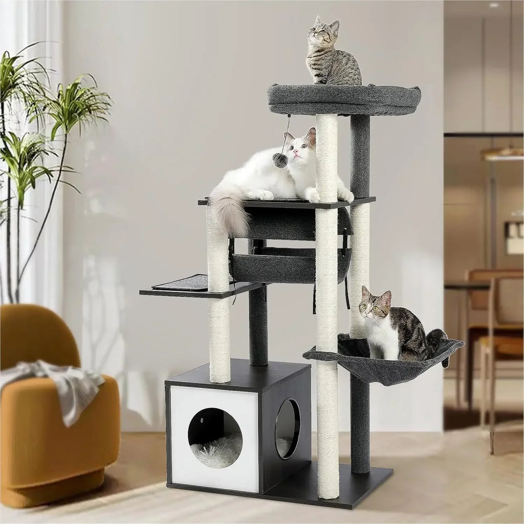 Modern Cat Tree Wooden with Fully Sisal Covered Scratching Posts, Cozy Condo, Spacious Perch