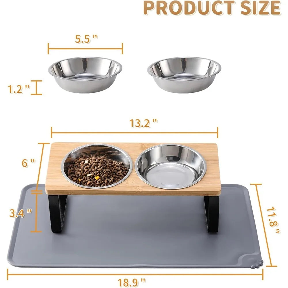 Upgraded Elevated Cat Bowls with Food Mat,15°Tilted Stand Anti Vomiting Raised Dishes for Food and Water,2 Stainless Steel B