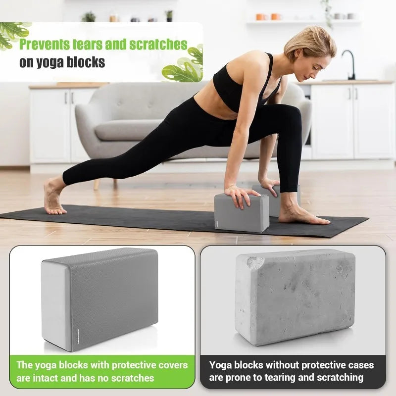 Yoga Blocks with Silicone Protective Cover, Premium EVA Foam, Pilates, Meditation & Stretching, Non-Slip