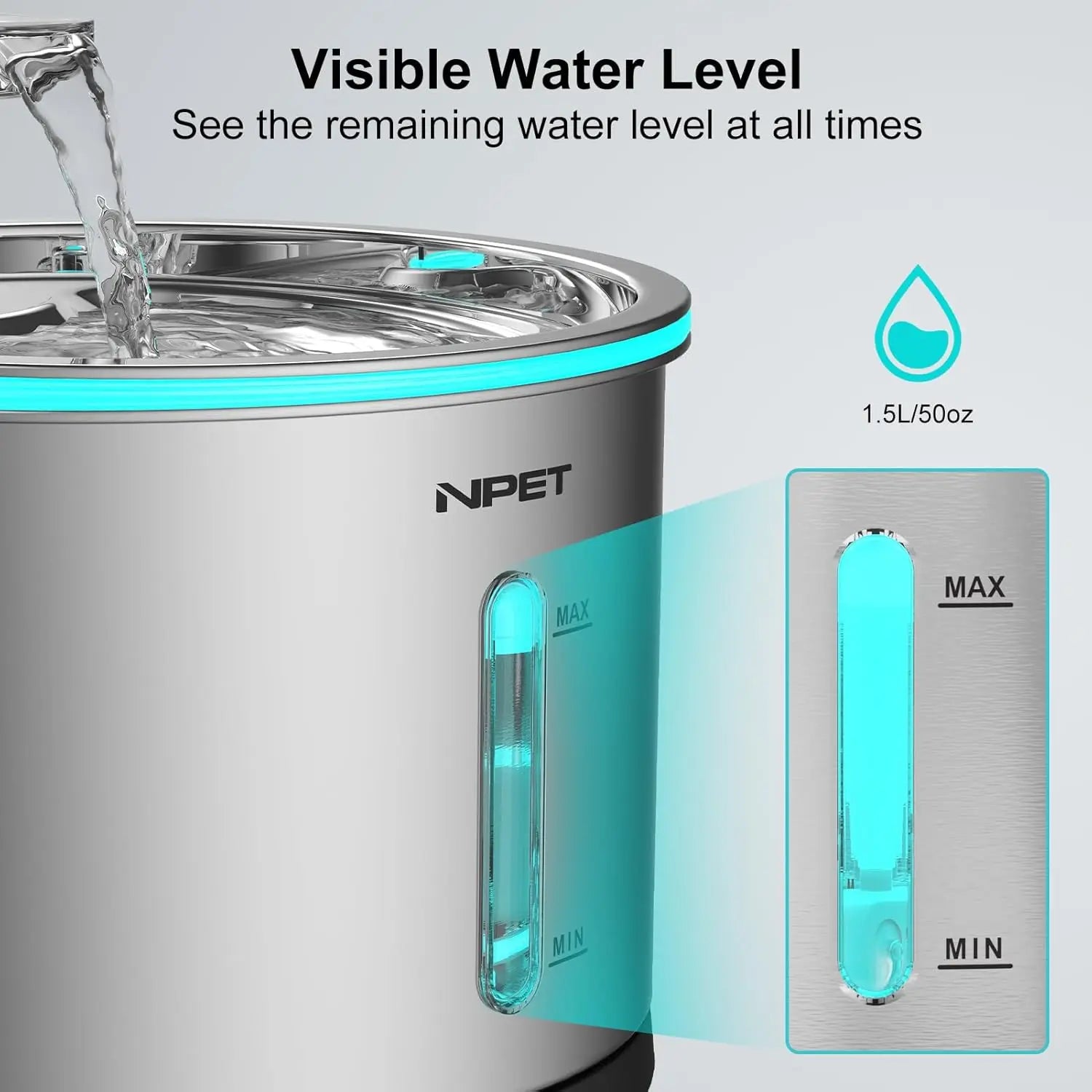 NPET Cat Water Fountain Stainless Steel, 50oz/1.5L Dishwasher Safe with Visible Window Light