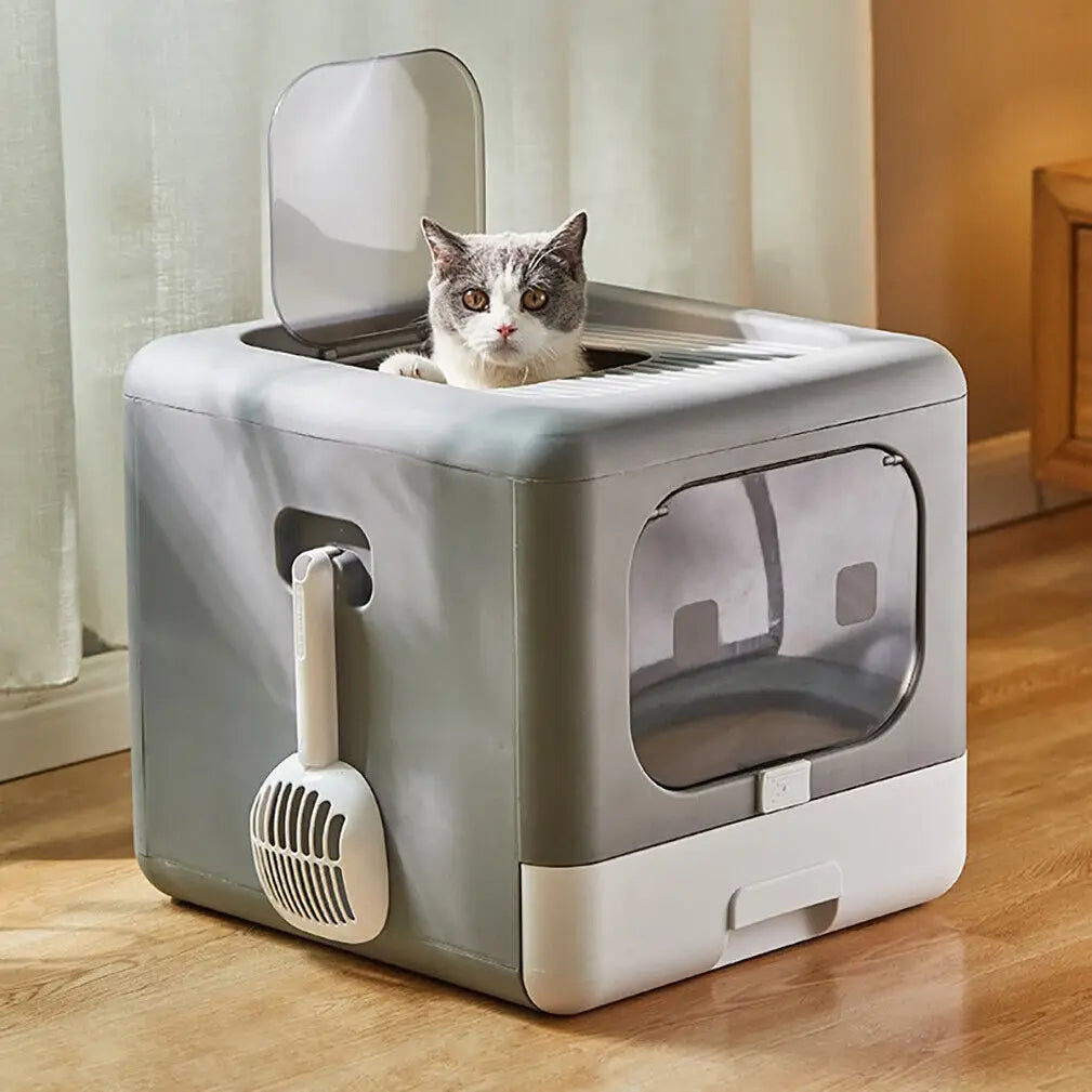 Cat Litter Box with Scoop and Tray Sifting Enclosed, Foldable, Top & Front Entry
