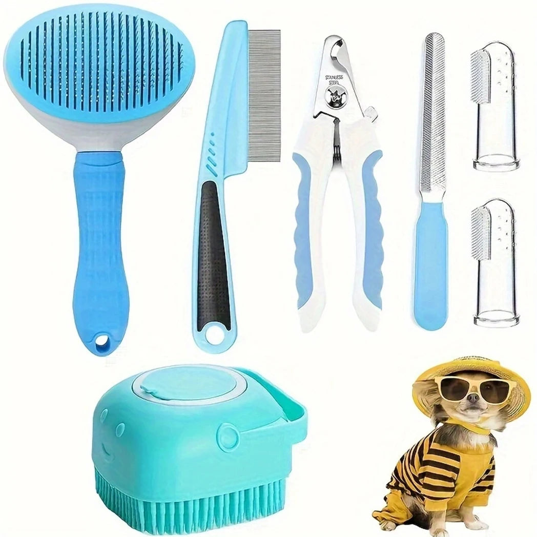 7 Pack Pet Grooming Set, Hair Removal Comb, Flea Comb, Shampoo Brush, Pet Nail Clippers, Toothbrush Set