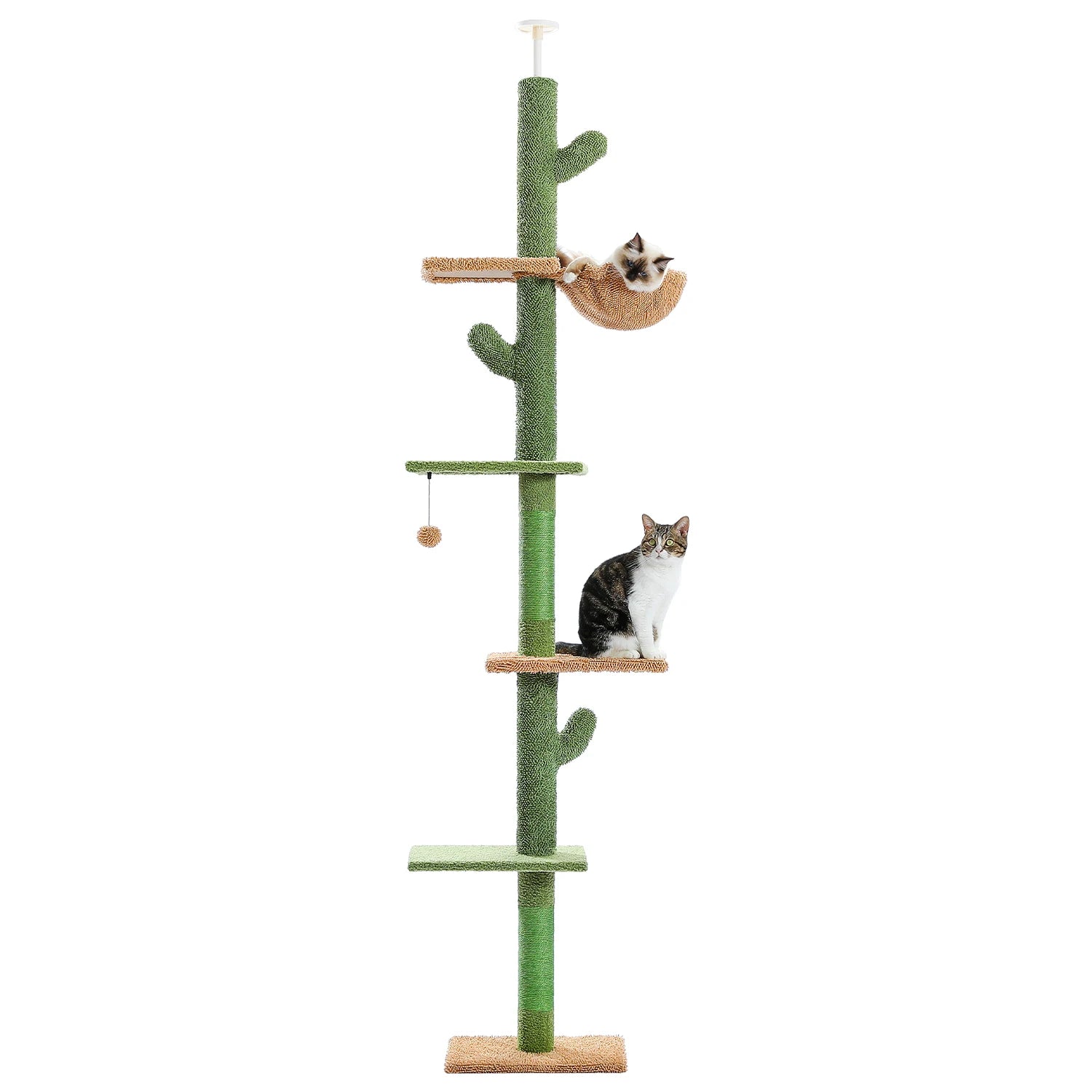 Cat Tree 5-Tier Floor to Ceiling Tower Cactus with Scratching Post, Hammock, Dangling Ball for Indoor