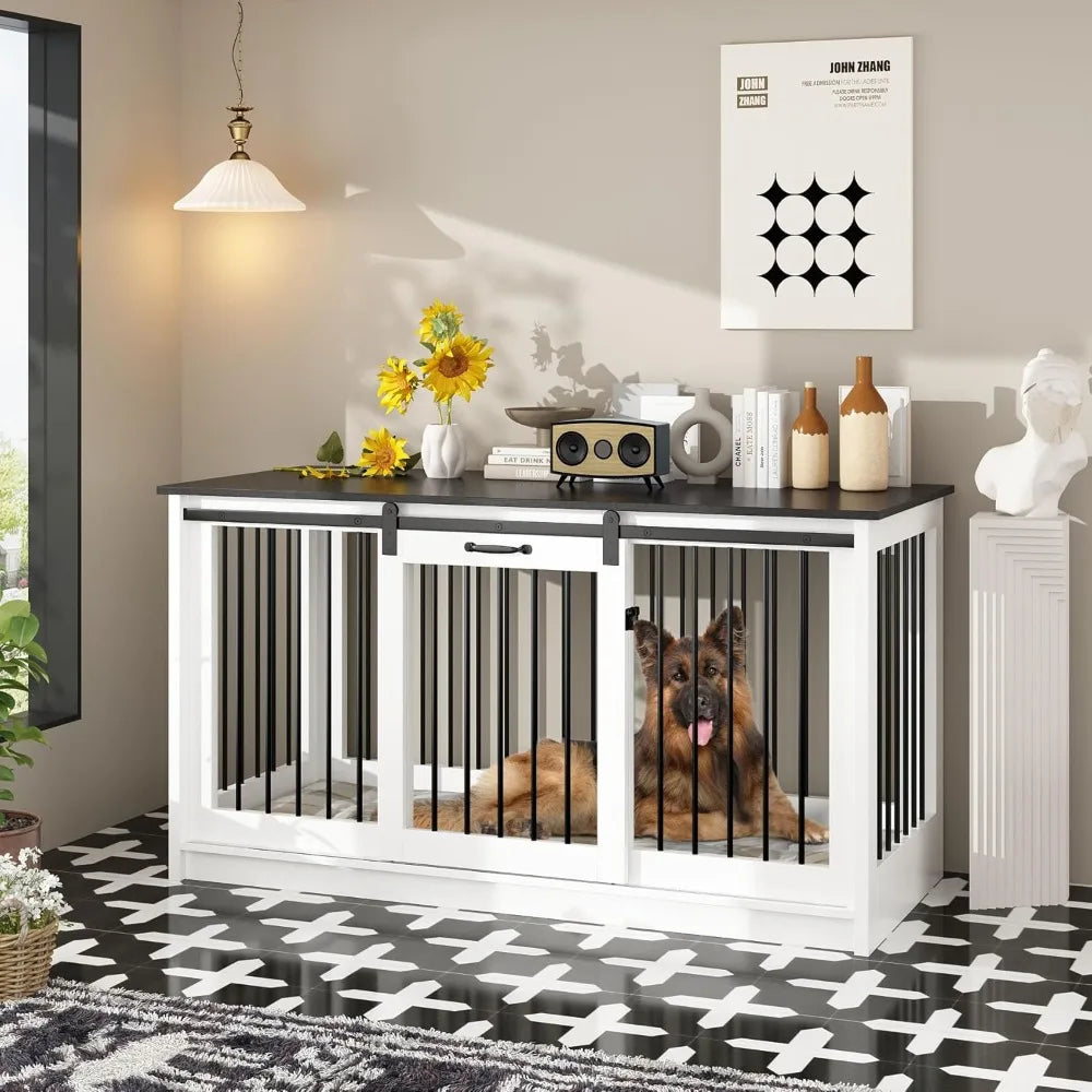 Extra Large Dog Crate Furniture, 55" Indoor Heavy Duty House with Sliding Doors, Furniture Style, Table Side