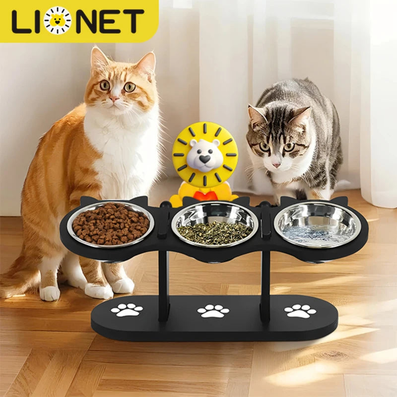 3 Bowls in 1 Cat Feeder, Feeding & Watering Bowl 15-Degree Tilt, Raised Stainless Steel Bowls Wood Brackets