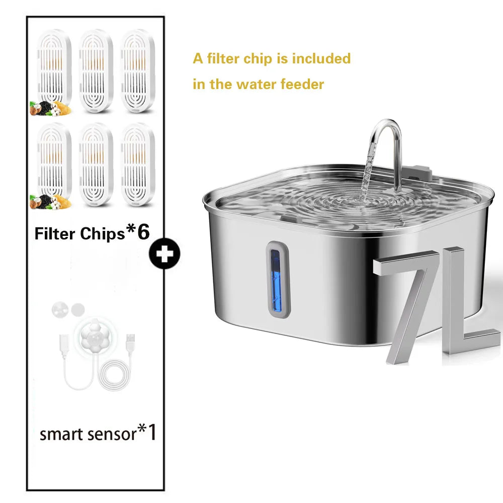 7L Large Capacity Stainless Steel Automatic Drink Water Fountain Feeder Bowl Silent (No 5V 1A Plug)