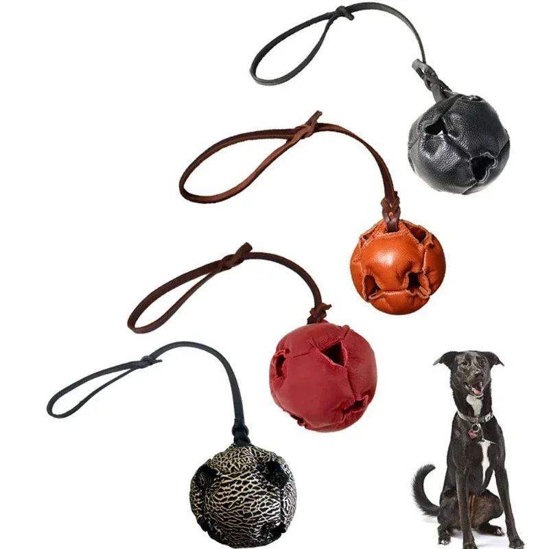 Leather Dog Training Ball Tug Toy, with a Handle Dog Bite for Fetch, Catch, Throw Pet Toys