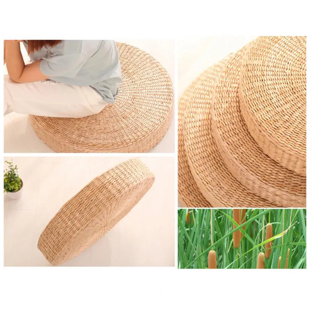 Tatami Cushion Round Straw Handmade Pillow for Floor, Meditation Woven Pillow