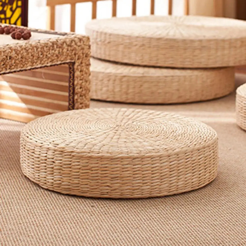 Tatami Cushion Round Straw Handmade Pillow for Floor, Meditation Woven Pillow