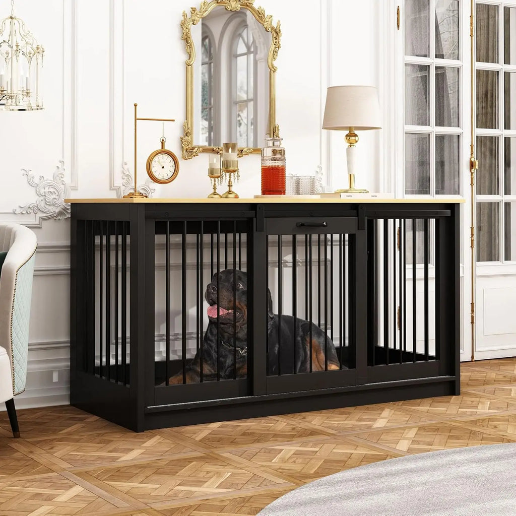 Extra Large Dog Crate Furniture, 55" Indoor Heavy Duty House with Sliding Doors, Furniture Style, Table Side