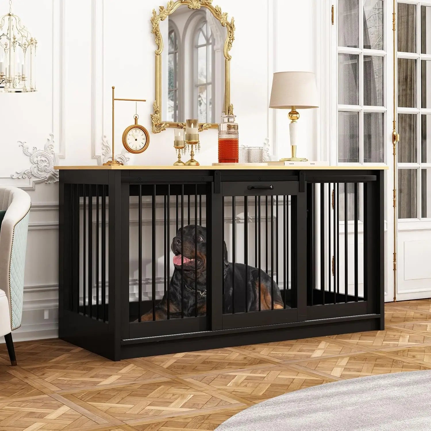 Extra Large Dog Crate Furniture, 55" Indoor Heavy Duty House with Sliding Doors, Furniture Style, Table Side