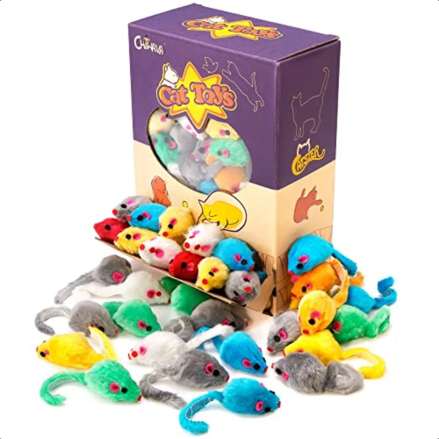 60PCS 4.1'' Furry Cat Toy Mice Rattle Small Mouse Interactive Play Assorted Color