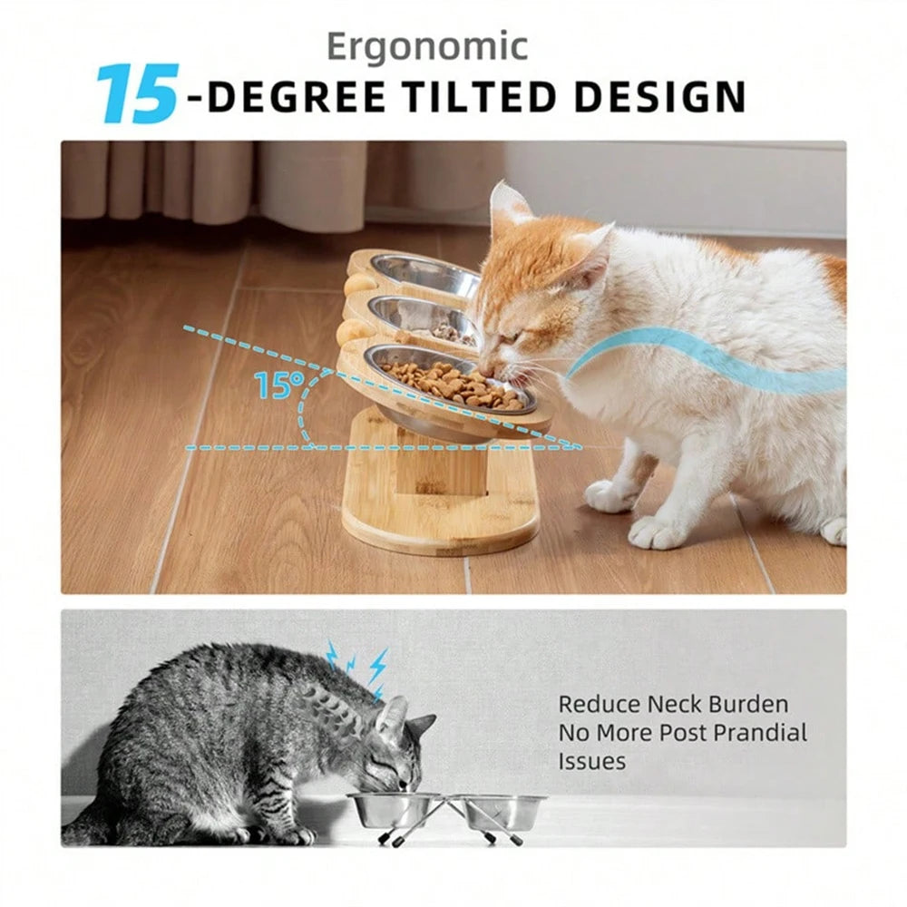 3 Bowls in 1 Cat Feeder, Feeding & Watering Bowl, 15-Degree Tilt, Raised Stainless Steel Bowls, Wood Brackets
