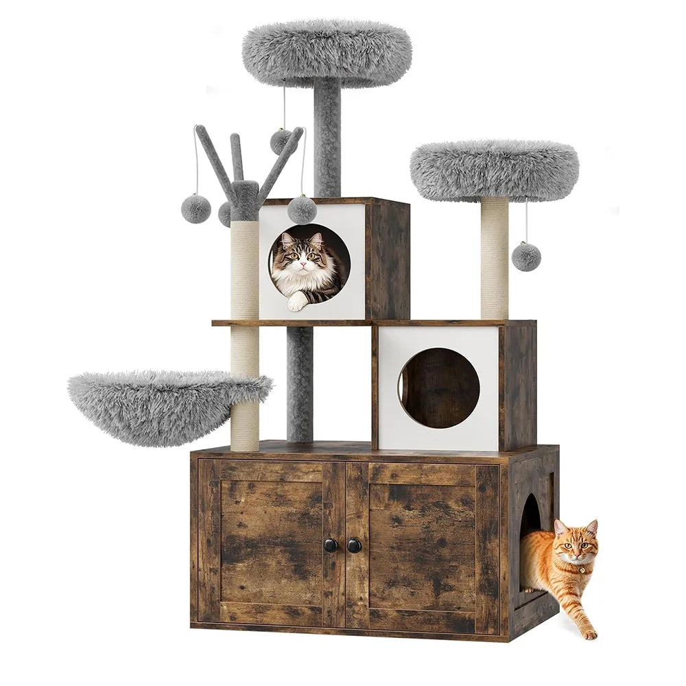 Litter Box Enclosure with Cat Tree Tower Condo for Climbing, Wooden Furniture